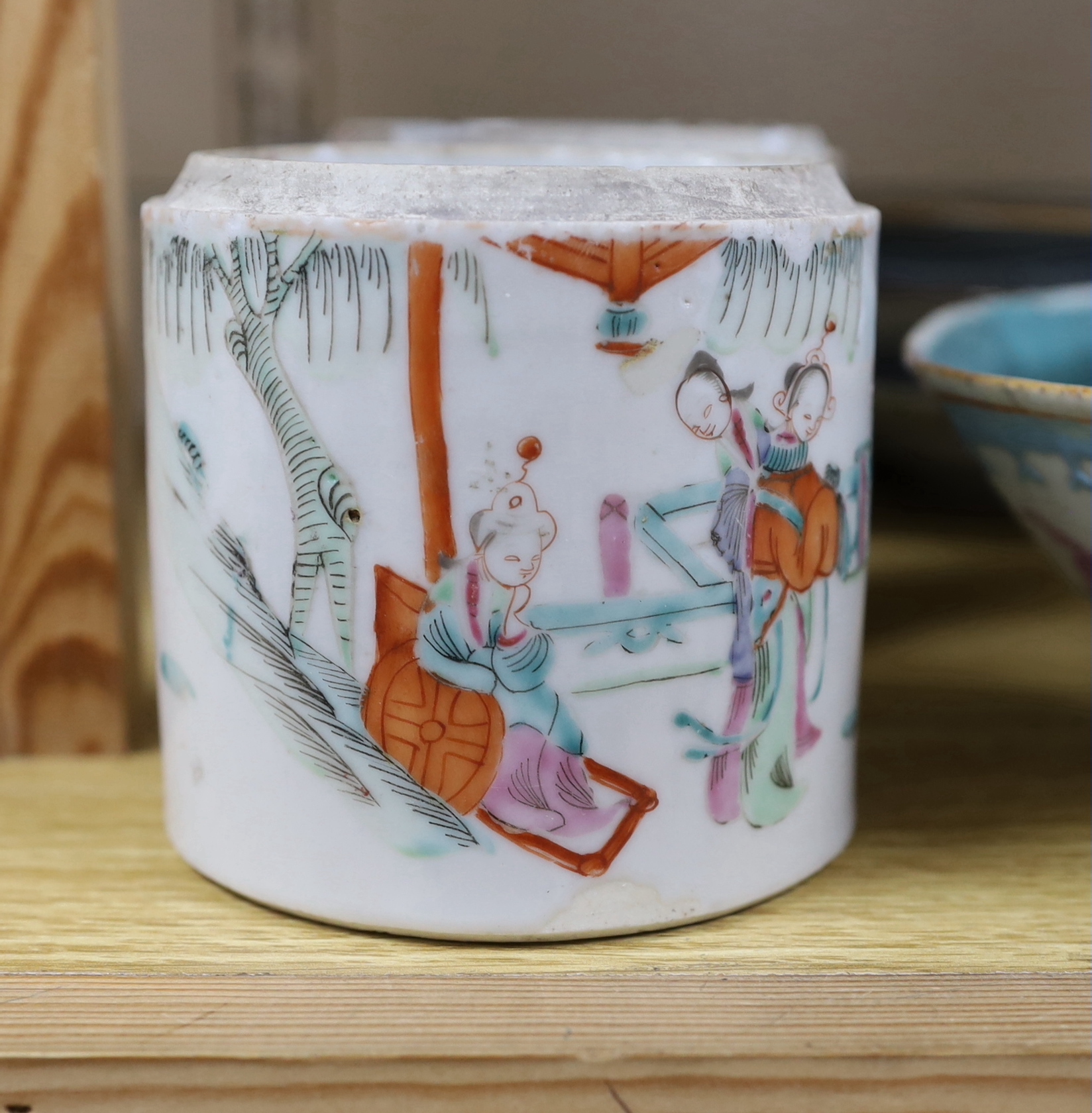 A group of Chinese blue and white and enamelled porcelain jars, plates and bowls, 18th century and later, largest 26cm high